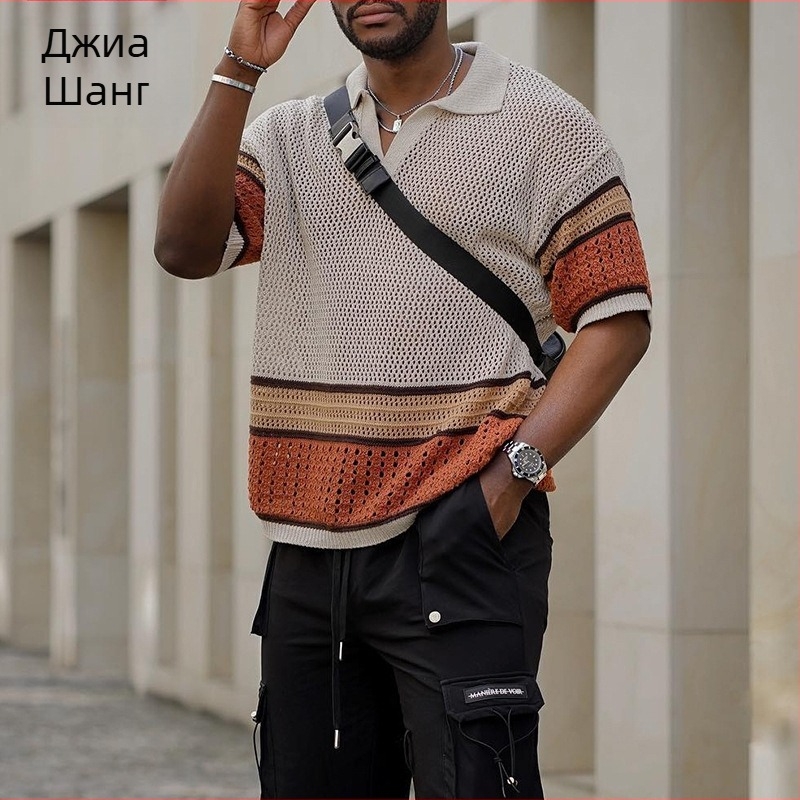 Мъжки къс ръкав трикотажен топ със стояща яка, Slim Fit, летен стил