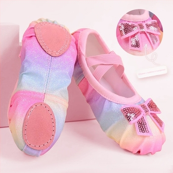 Детски балетни обувки със пайети и дъга, сатенени обувки за момичета, принцес стил, мека подметка