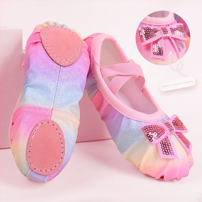 Детски балетни обувки със пайети и дъга, сатенени обувки за момичета, принцес стил, мека подметка