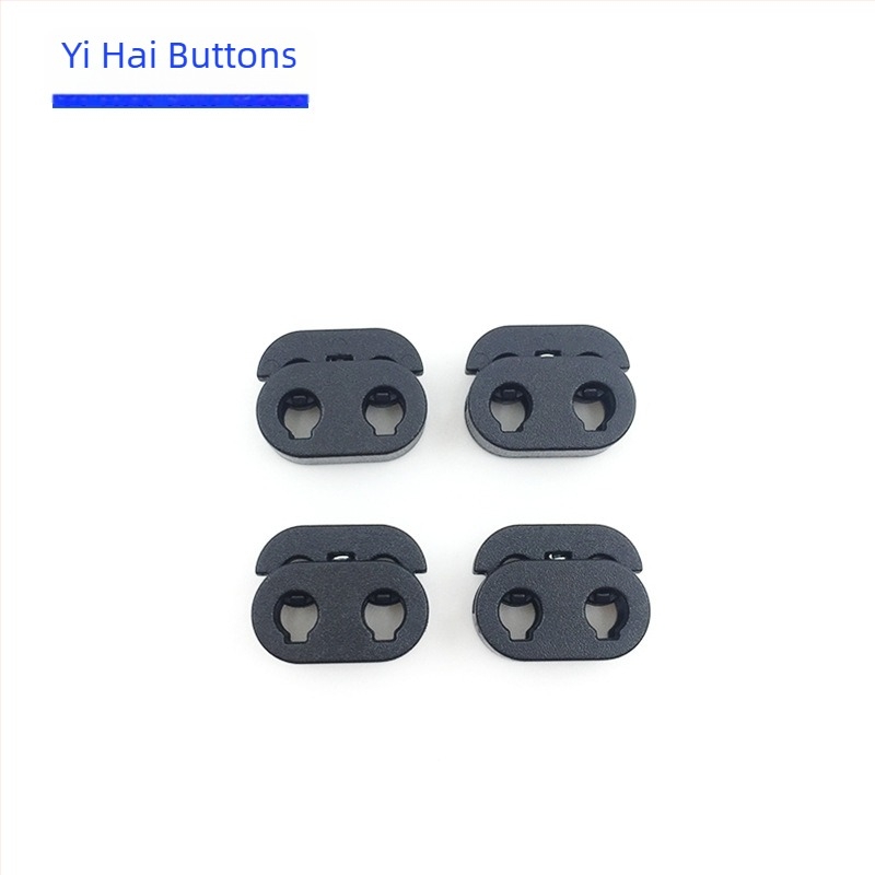 Черен пластмасов закопчалка за еластични шнурове с две дупки, регулируема