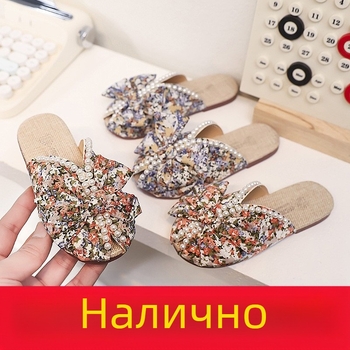 Момичета сандали с панделка, бохемски стил, лято, затворен нос, ленено горнище, гумена подметка