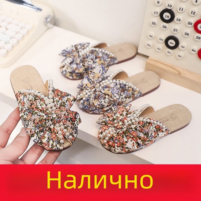 Момичета сандали с панделка, бохемски стил, лято, затворен нос, ленено горнище, гумена подметка
