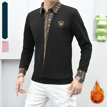 Мъжки есенно-зимна риза-пуловер с яка, дълги ръкави, визуален двоен слой, елегантен стил