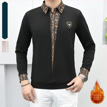 Мъжки есенно-зимна риза-пуловер с яка, дълги ръкави, визуален двоен слой, елегантен стил