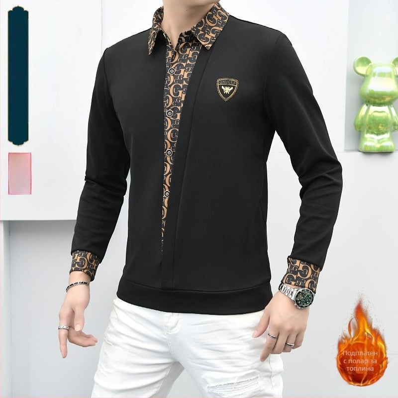 Мъжки есенно-зимна риза-пуловер с яка, дълги ръкави, визуален двоен слой, елегантен стил