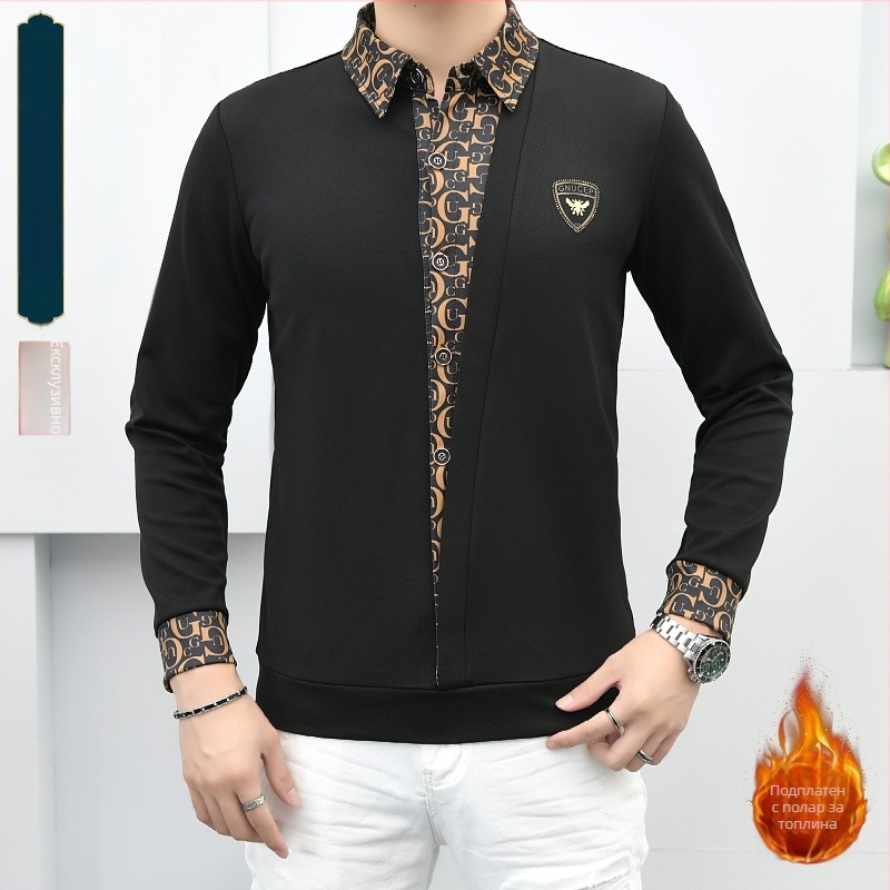 Мъжки есенно-зимна риза-пуловер с яка, дълги ръкави, визуален двоен слой, елегантен стил