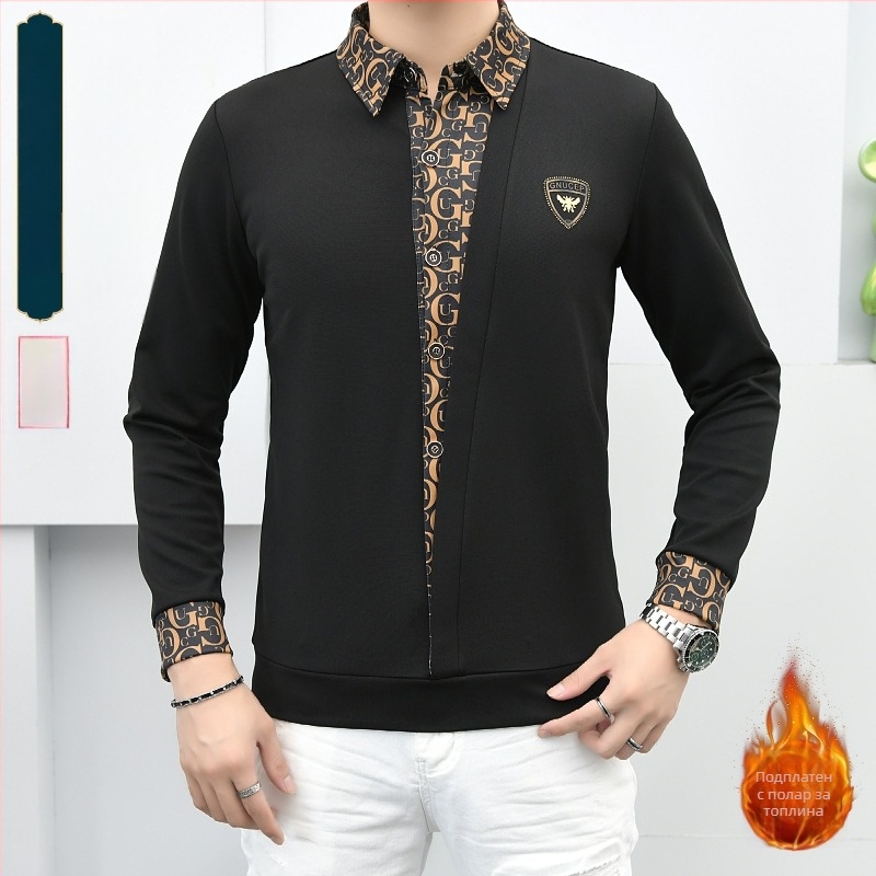 Мъжки есенно-зимна риза-пуловер с яка, дълги ръкави, визуален двоен слой, елегантен стил