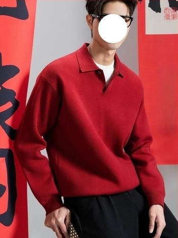 Мъжки червен поло пуловер с яка, плетен, за есен и зима, топъл, свободна кройка, с ръбести кантове.