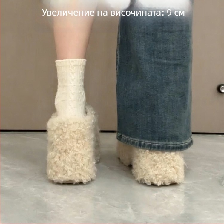 Дамски плюшени пантофи за външно носене, Зима 2025, корейски стил, плоска подметка, затворен пръст