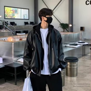 Мъжко PU кожено яке в американски стил, свободна кройка, с вид на две части, за пролет и есен