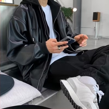 Мъжко PU кожено яке в американски стил, свободна кройка, с вид на две части, за пролет и есен