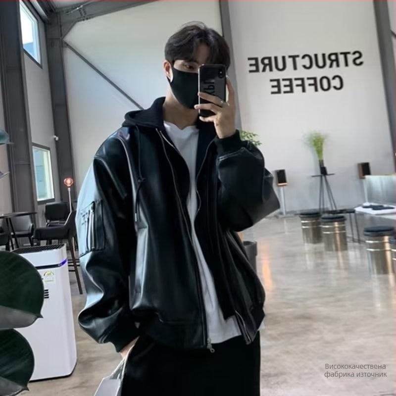 Мъжко PU кожено яке в американски стил, свободна кройка, с вид на две части, за пролет и есен