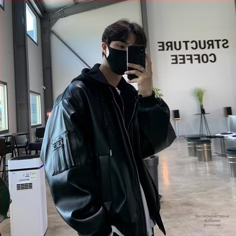 Мъжко PU кожено яке в американски стил, свободна кройка, с вид на две части, за пролет и есен