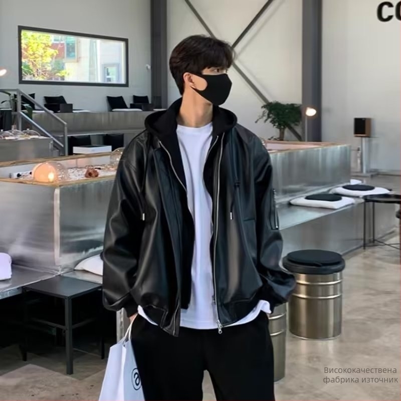 Мъжко PU кожено яке в американски стил, свободна кройка, с вид на две части, за пролет и есен