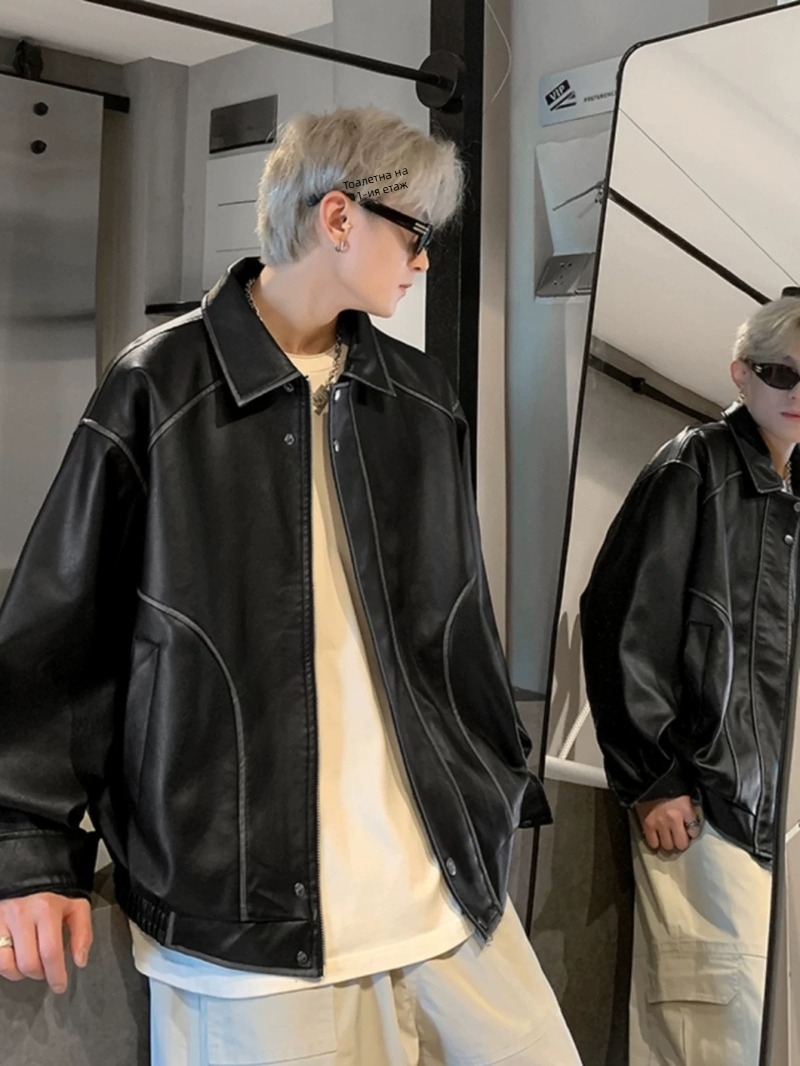 Мъжко PU кожено яке в стил уличен мотоциклет, свободна кройка, премиен вид