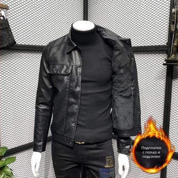 Мъжко PU кожено яке за пролет-есен 2025, тънък силует, байкерски стил, къс модел, ежедневен стил