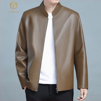 Мъжко кожено яке със стояща яка за пролет и есен, тънък бизнес стил за мъже в средна и напреднала възраст