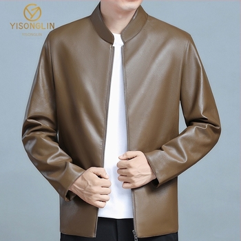 Мъжко кожено яке със стояща яка за пролет и есен, тънък бизнес стил за мъже в средна и напреднала възраст