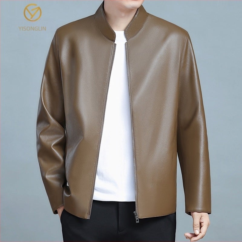 Мъжко кожено яке със стояща яка за пролет и есен, тънък бизнес стил за мъже в средна и напреднала възраст