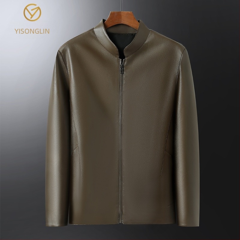 Мъжко кожено яке със стояща яка за пролет и есен, тънък бизнес стил за мъже в средна и напреднала възраст