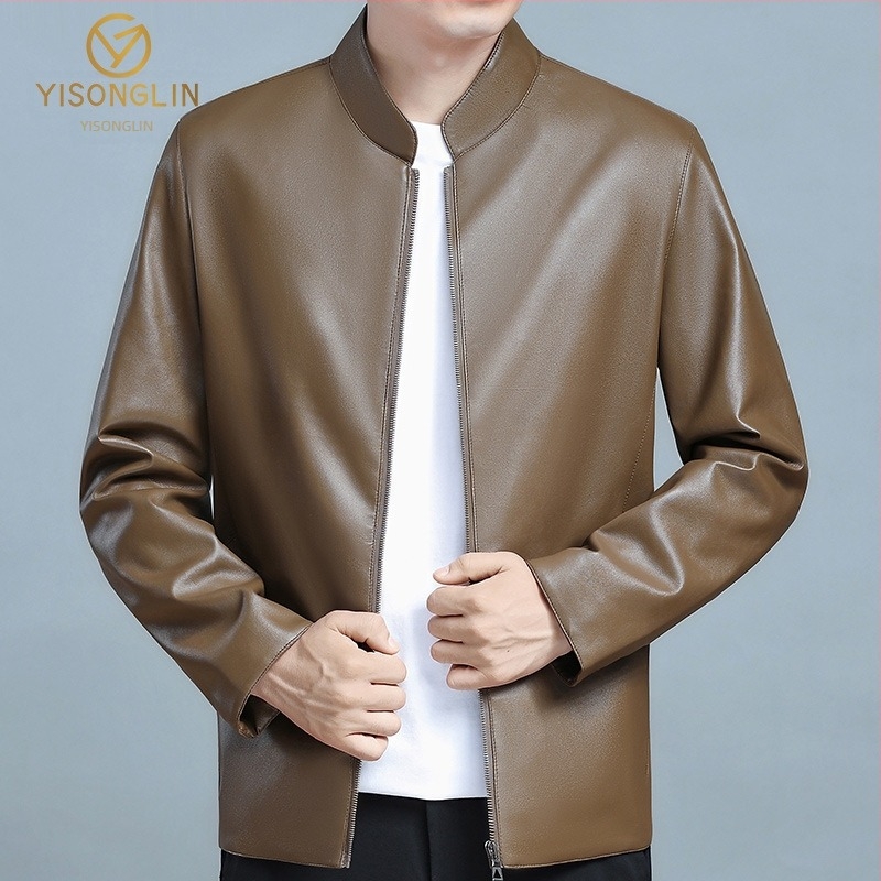 Мъжко кожено яке със стояща яка за пролет и есен, тънък бизнес стил за мъже в средна и напреднала възраст