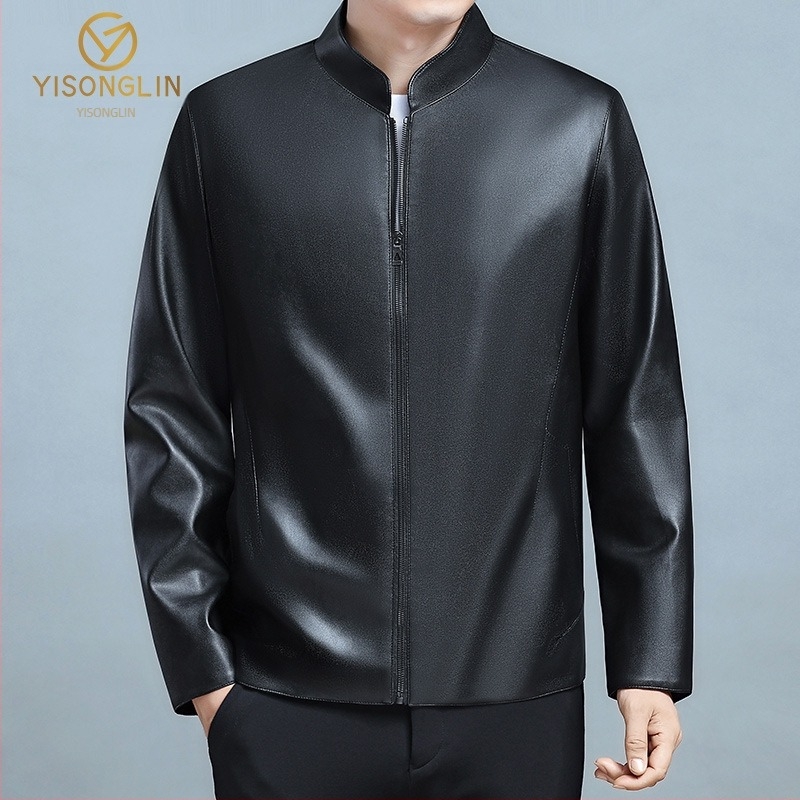 Мъжко кожено яке със стояща яка за пролет и есен, тънък бизнес стил за мъже в средна и напреднала възраст