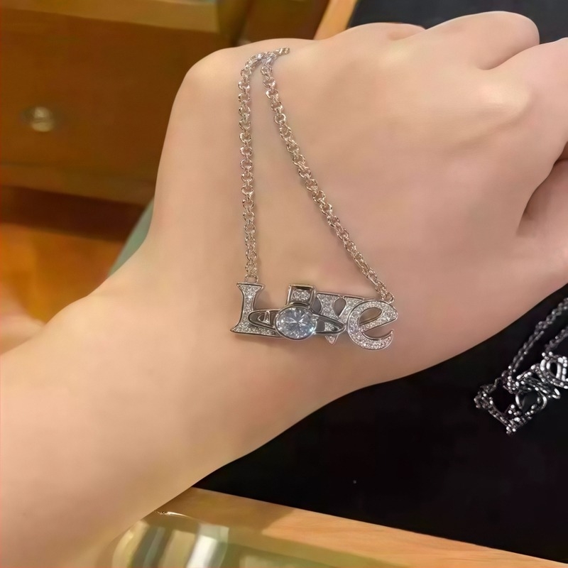 Унисекс огърлица със Сатурн, LOVE букви и планета, украсена с диаманти