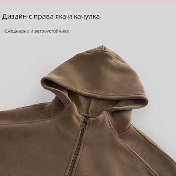 Дамско яке с дебел флис, топло и ветроустойчиво, свободна кройка, с джобове и качулка за спорт на открито.