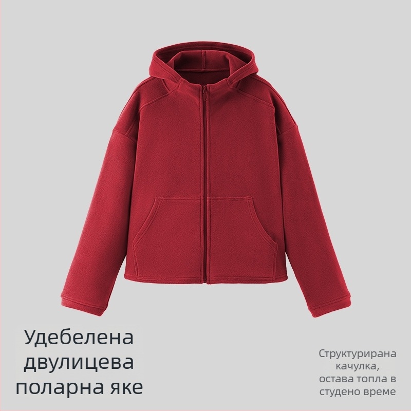 Дамско яке с дебел флис, топло и ветроустойчиво, свободна кройка, с джобове и качулка за спорт на открито.