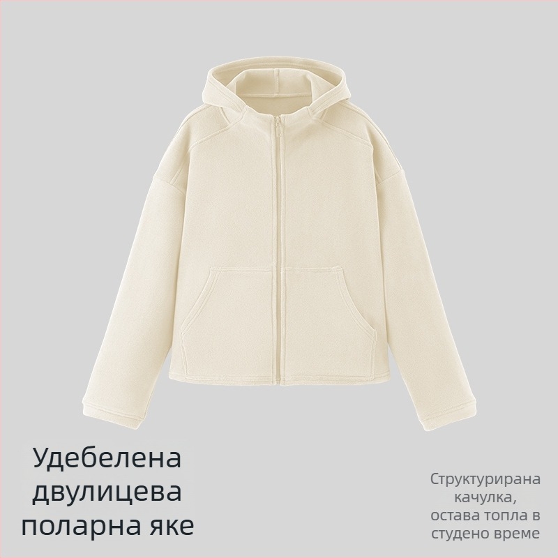 Дамско яке с дебел флис, топло и ветроустойчиво, свободна кройка, с джобове и качулка за спорт на открито.