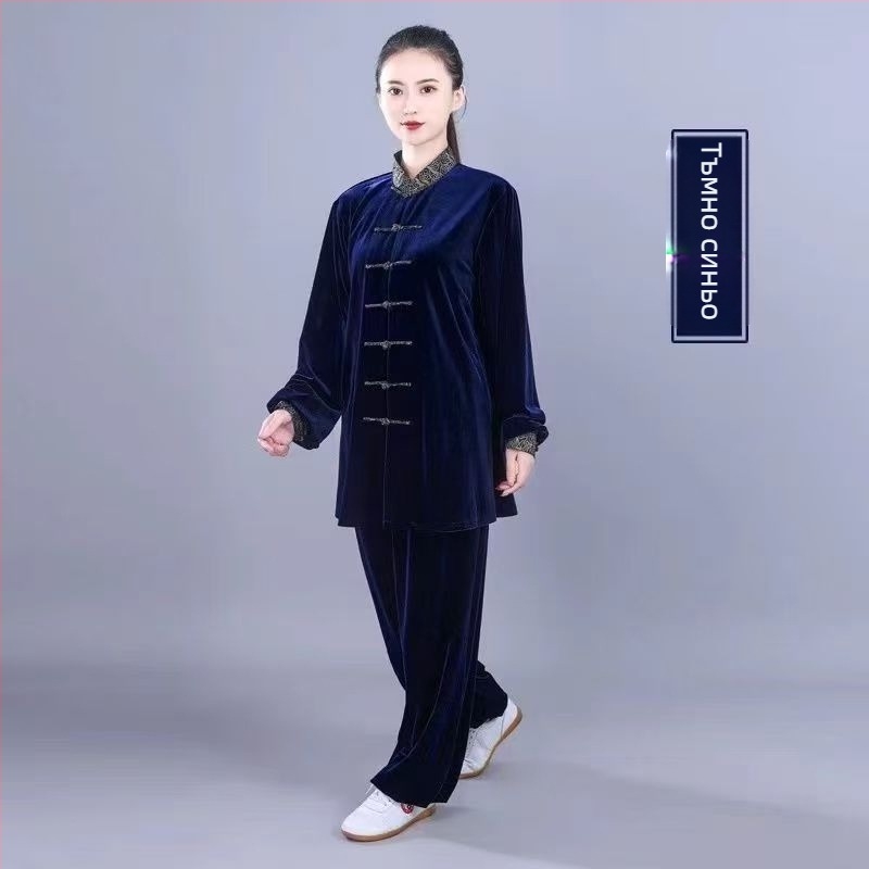 Дамски зимен костюм за тай чи с кадифена яка, подплатен с флис, за тренировки и изпълнения