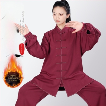Hongji тай чи костюм, milk silk подплата от флийс и удебелен топъл за есен-зима 2025, за изпълнения и тренировки по бойни изкуства, унисекс за възрастни