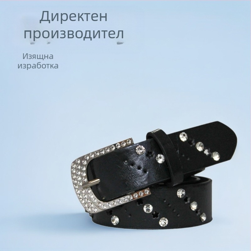 Дамски PU кожен колан с мотив сливово цвете и дупчен дизайн, декоративно копче с пин