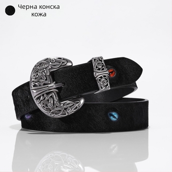 Колан от естествена кожа и конска коса с котешко око закопчалка, модерен пънк стил