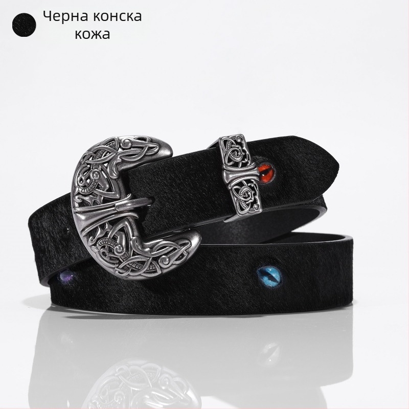 Колан от естествена кожа и конска коса с котешко око закопчалка, модерен пънк стил