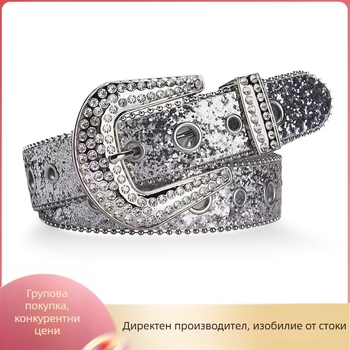 Женски колан от изкуствена кожа със кристали, широк модел, закопчаване с щифт, дължина 105 см, ширина 3,8 см, универсален аксесоар