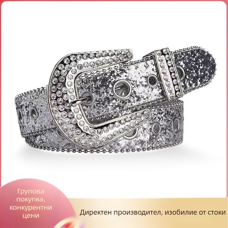 Женски колан от изкуствена кожа със кристали, широк модел, закопчаване с щифт, дължина 105 см, ширина 3,8 см, универсален аксесоар