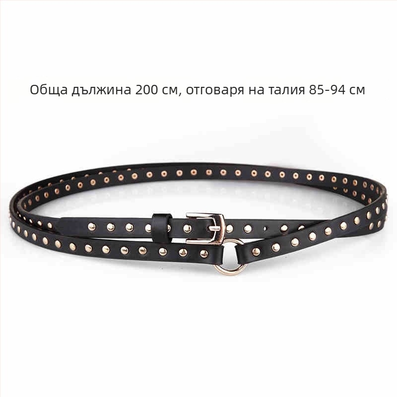 Дамски колан от имитационна кожа, черен, пънк стил, дълъг за две обиколки, тънък, с пирони