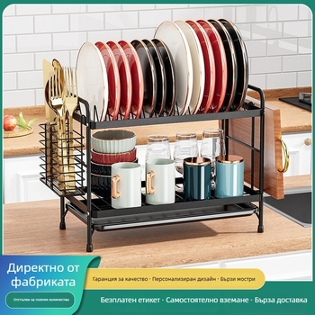 Двуетажен железен кухненски държач за съдове с дренаж – за чинии, купички и прибори