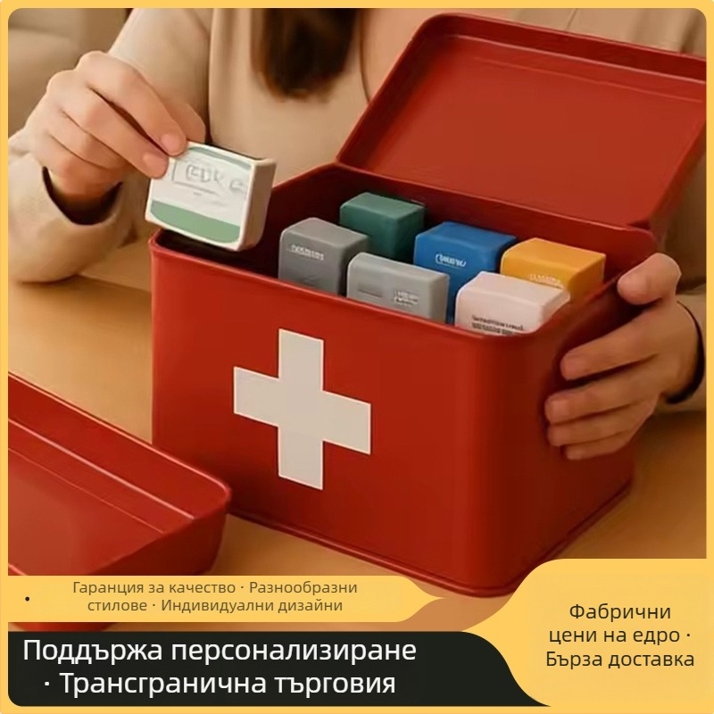 Червена преносима кутия за лекарства с множество отделения – домашен комплект за първа помощ