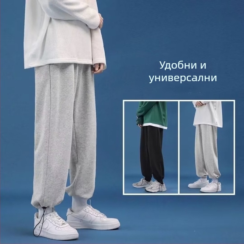 Сиви мъжки спортни панталони, свободна кройка, харем стил, къс модел, с шнур в талията, пролет–есен 2022