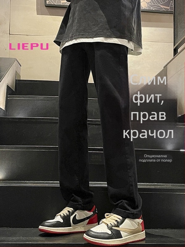 Мъжки черни дънки от деним, свободен прав крак, зимни дълги панталони с извити детайли