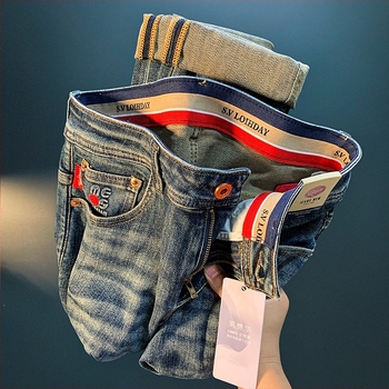 Дънки за мъже от деним – модерен американски ретро стил, Slim fit, straight-leg, дълги панталони за есен 2025