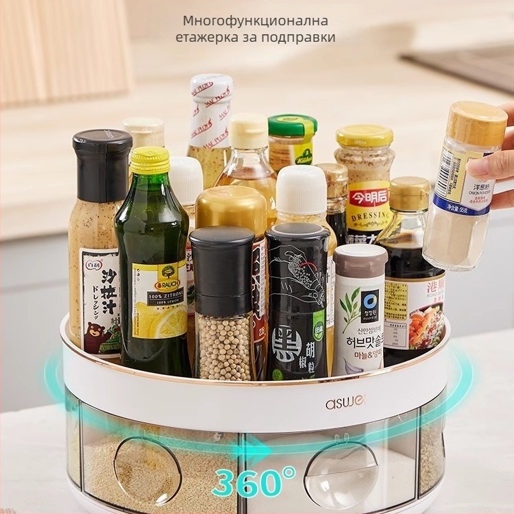 Ротационен държач за подправки и кухненски органайзер за бутилки с подправки