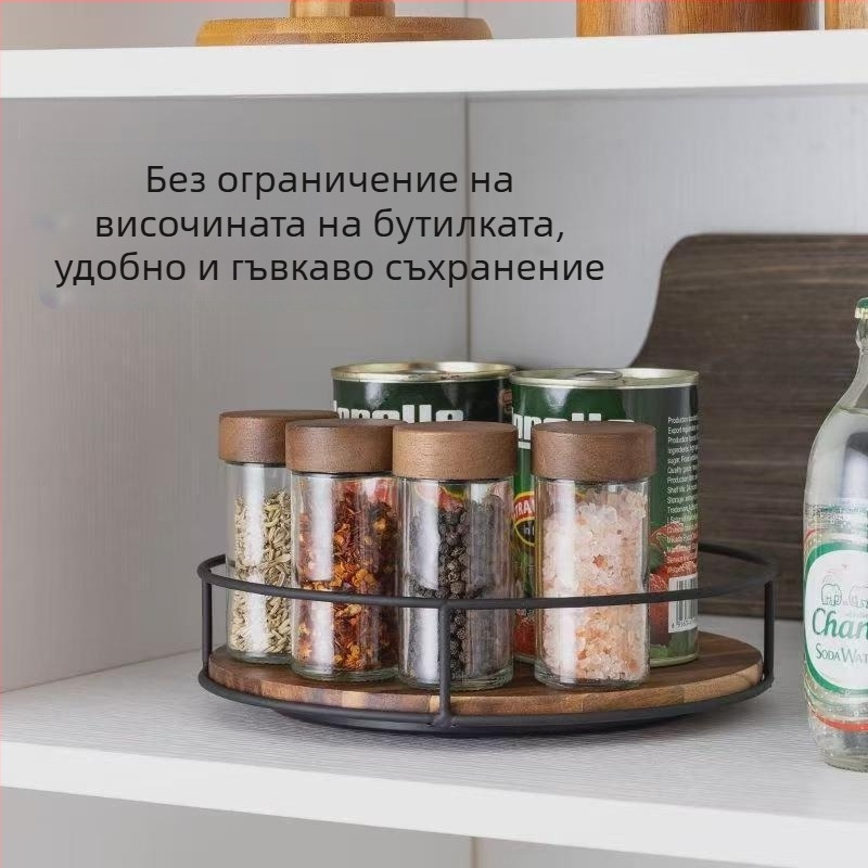 Завъртаща се дървена поставка за подправки за кухненския плот – мултифункционален органайзер за сол, соев сос и бурканчета с подправки