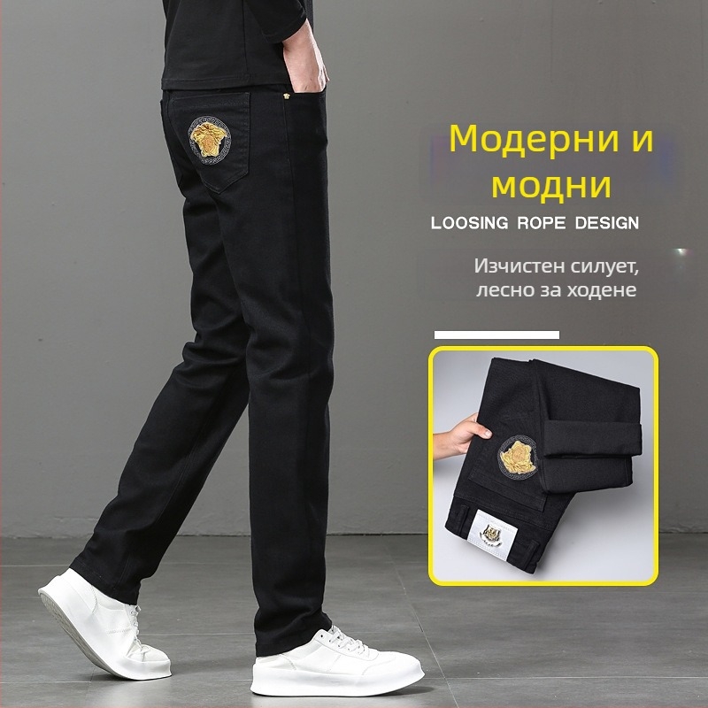 Мъжки дънкови дънки с прав крак, разтеглив деним, Slim-Fit, черни, каменно пране, пет джоба, средна талия, ежедневни