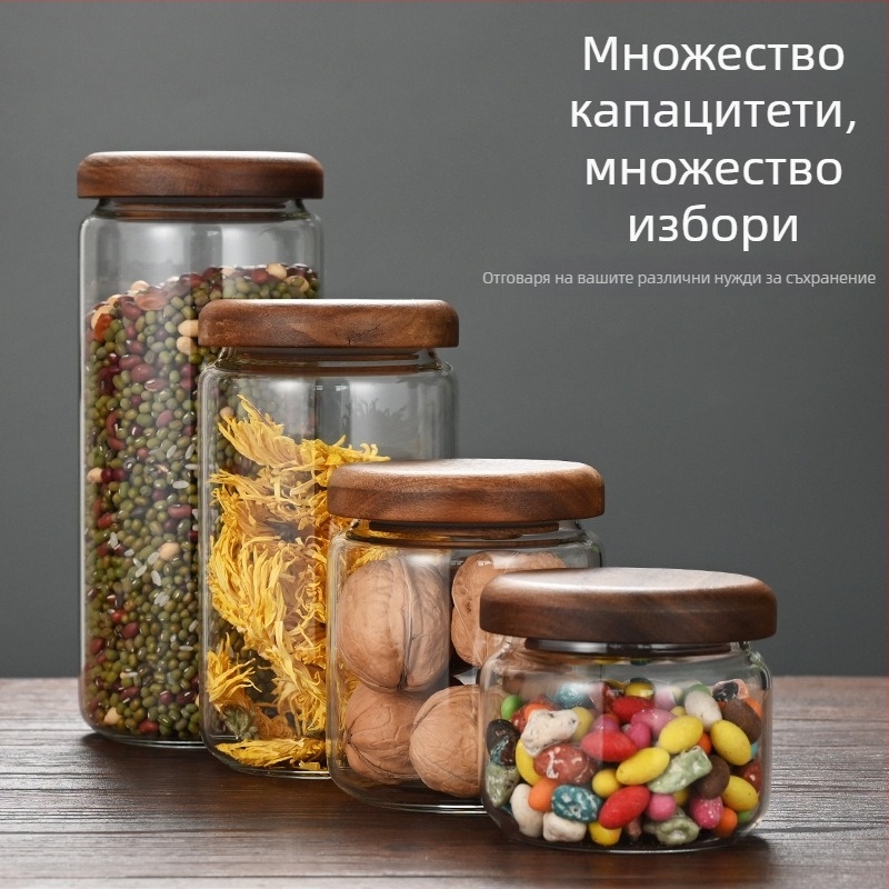Буркан за съхранение със капак от акациево дърво и боросиликатно стъкло, кухненски съд със сгъваем дизайн, вместимост 301–500 ml