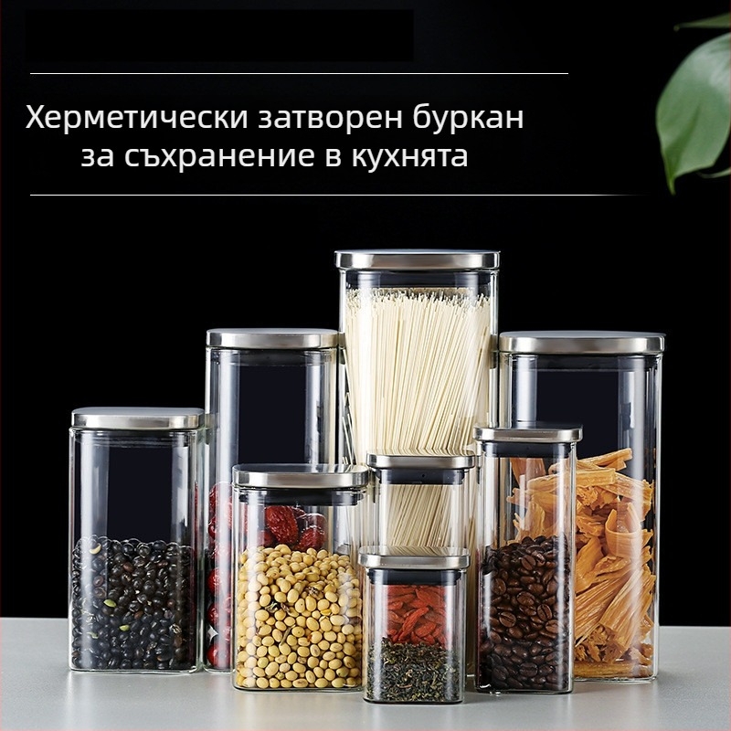 Квадратен буркан за чай от боросиликатно стъкло, запечатан, влагозащитен, голям, удебелен, прозрачен
