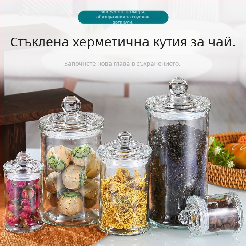 Персонализиран прозрачен стъклен буркан за съхранение с голям капацитет, запечатан, за чай от кора на мандарина и зърнени храни
