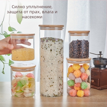 Боросиликатен стъклен буркан със затварящ се капак от бамбук, прозрачен съд за съхранение на чай, бонбити и кухненски продукти.